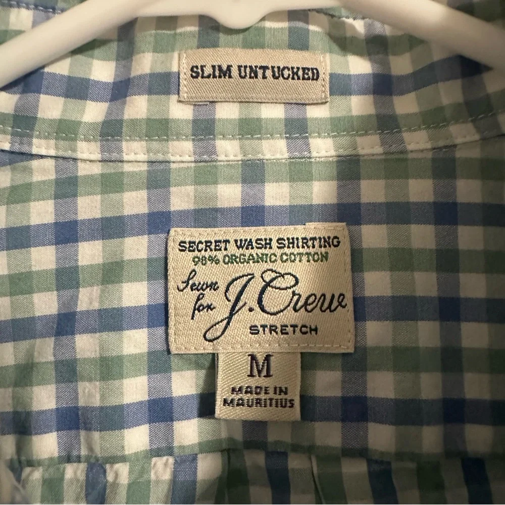 J. Crew Slim Untucked Shirt M Blue Green Check Organic Cotton Stretch